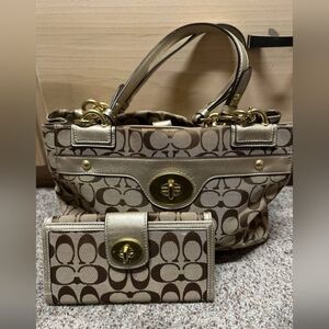 Coach Tan and Gold Signature Shoulder Bag with Wallet